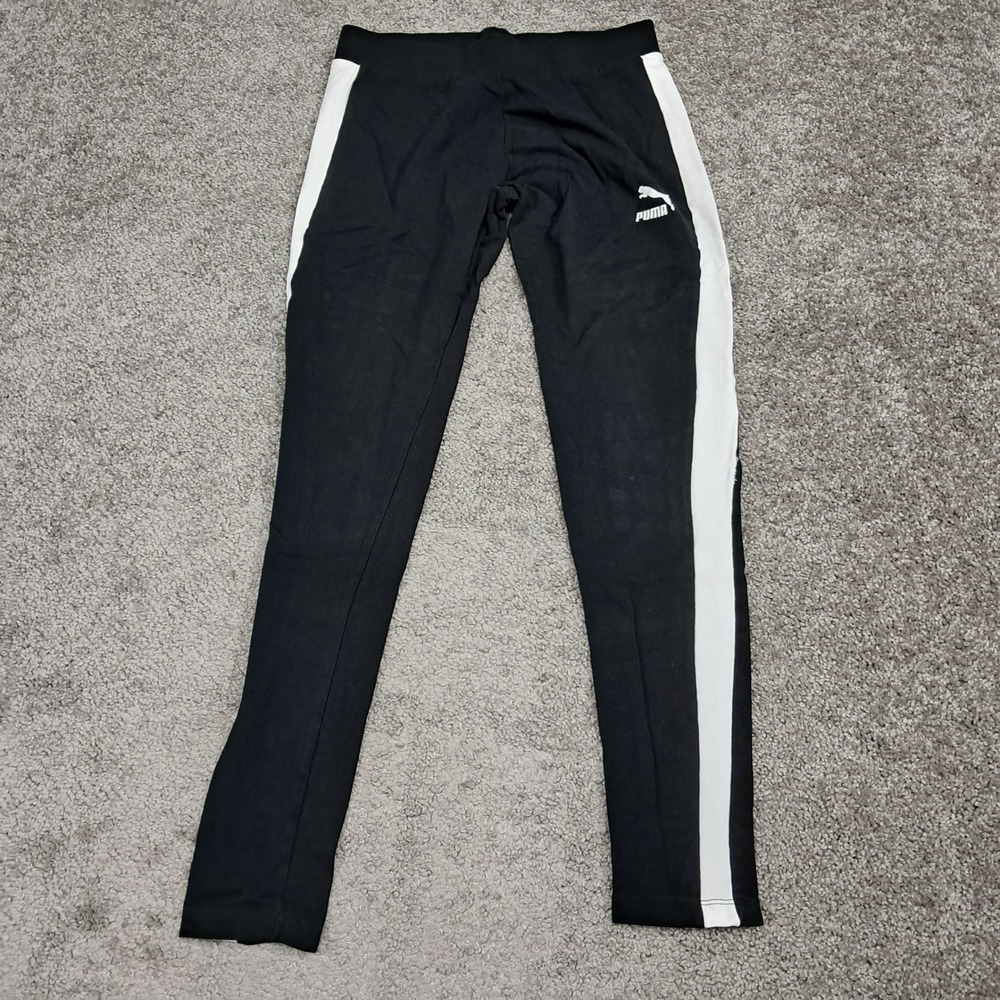 Puma Womens Black White Side Stripe Activewear Leggings Size L Large